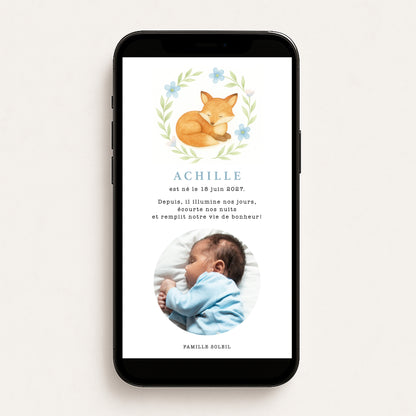 Faire-part de naissance numérique virtuel renard fleurs bleu