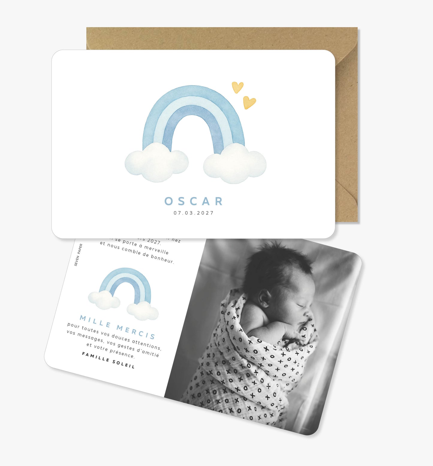Faire-part de naissance – arc-en-ciel bleu original aquarelle