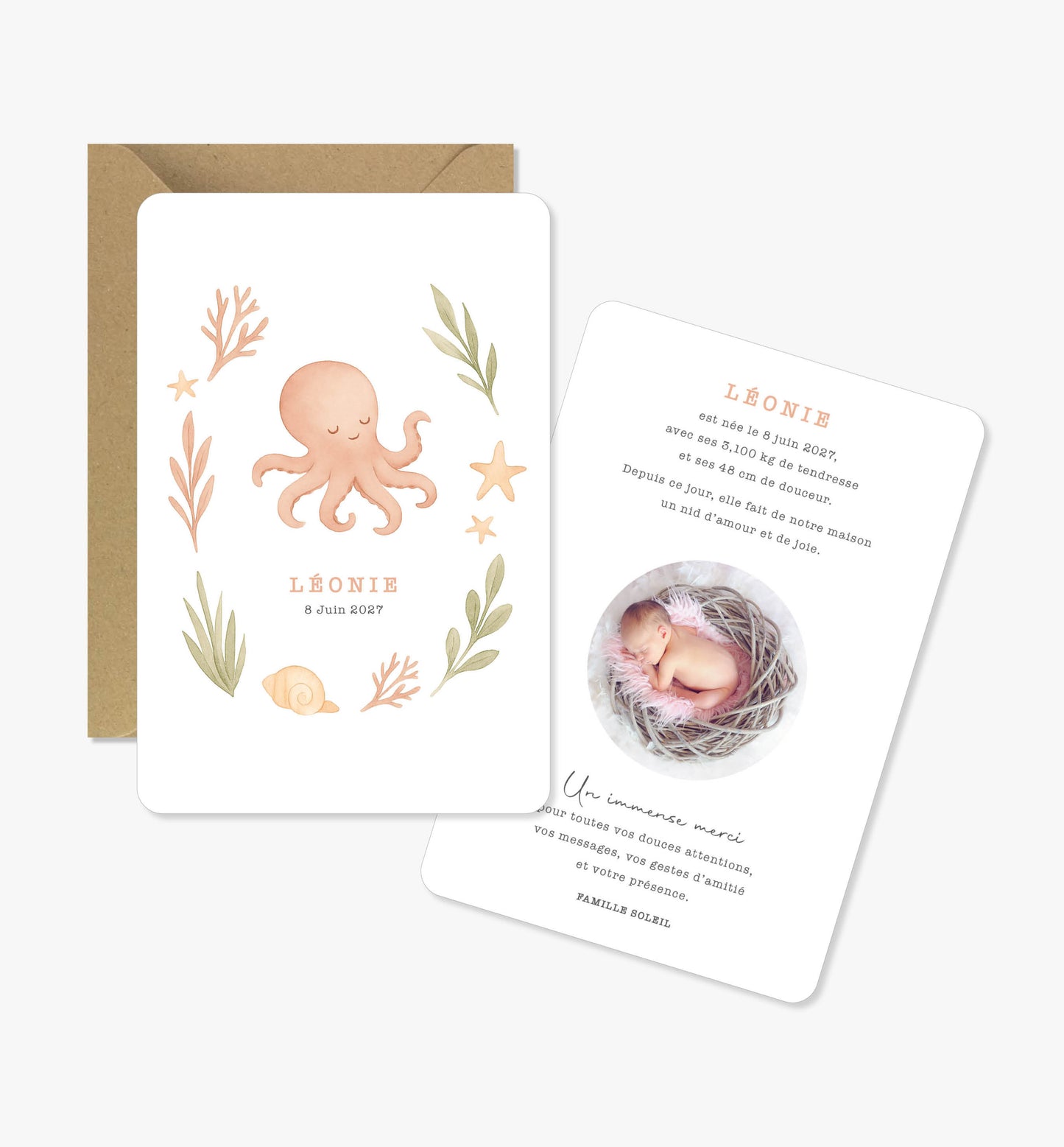 Faire-part de naissance – poulpe océan rose vert douce illustration