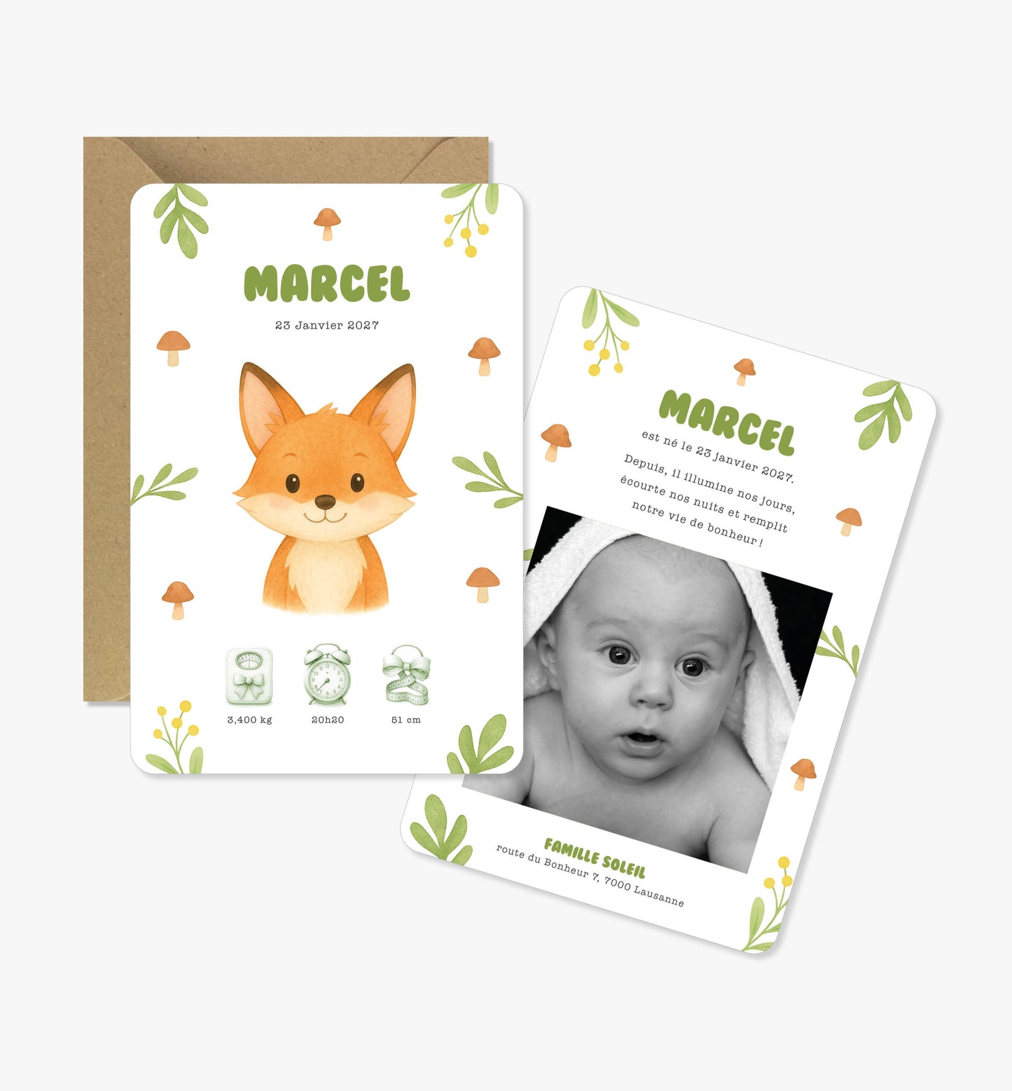 Faire-part de naissance – renard forêt vert illustration