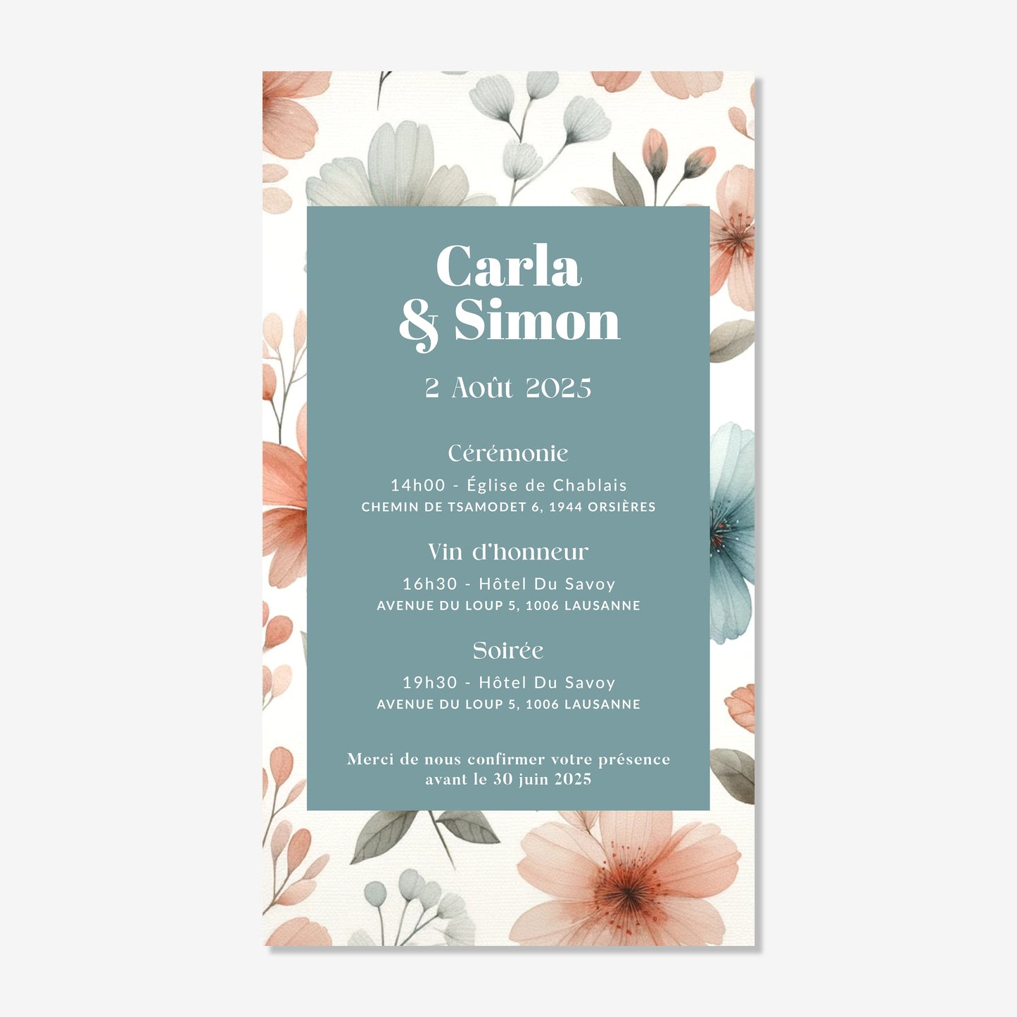 Invitation de mariage numérique aquarelle élégant fleurs bleu