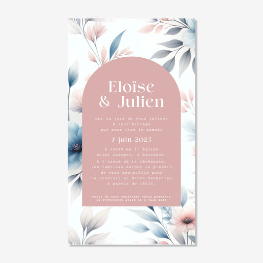 Invitation de mariage numérique aquarelle bleu rose fleurs