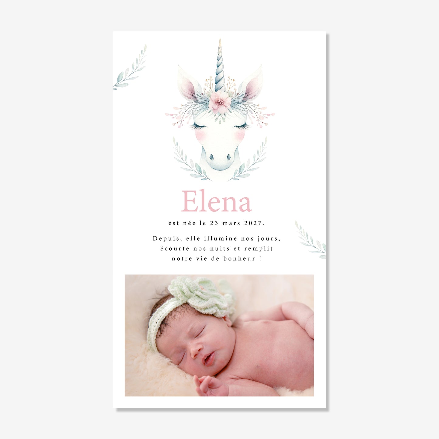 Faire-part de naissance numérique aquarelle élégant licorne