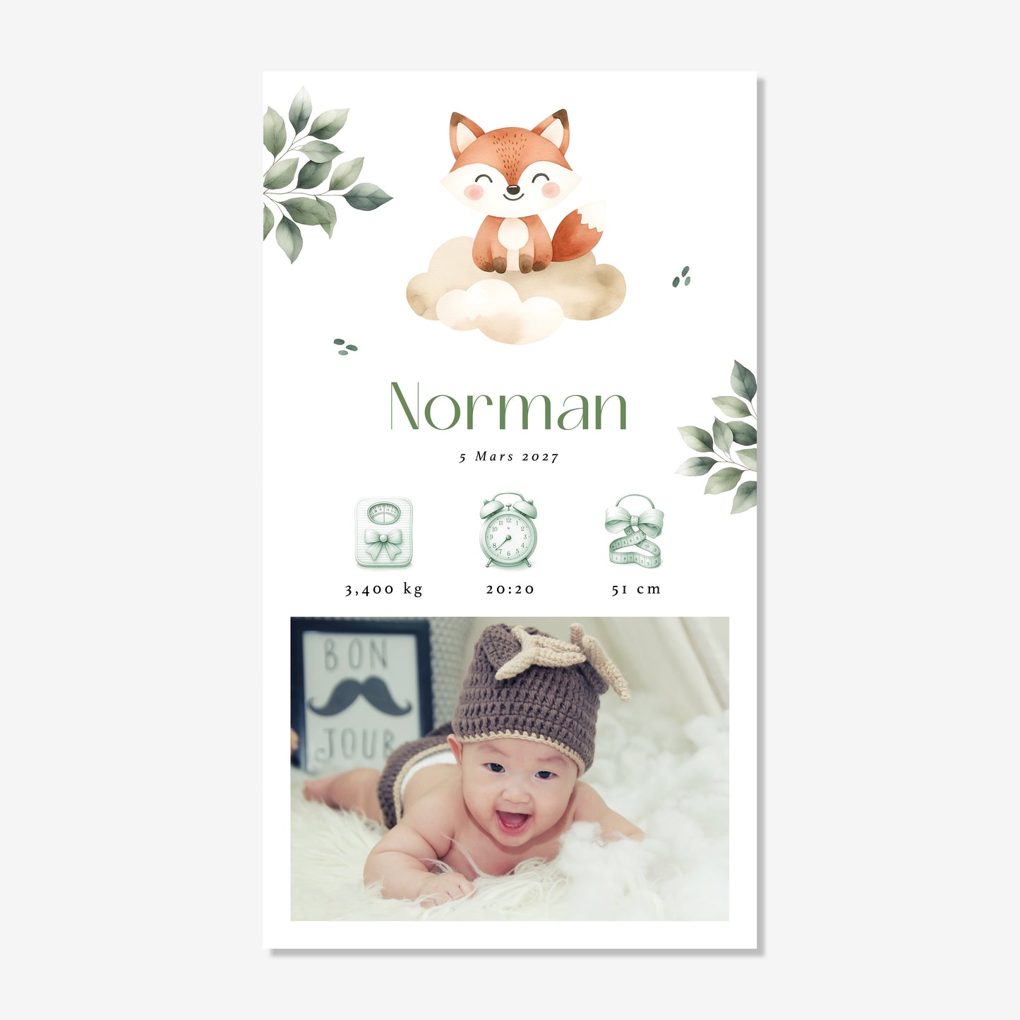 Faire-part de naissance numérique aquarelle élégant renard