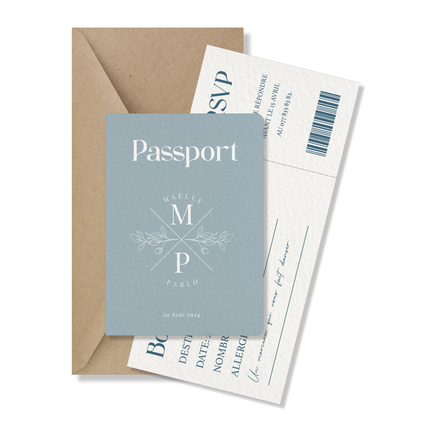 PACK faire-part passport + carton billet d'avion, bleu