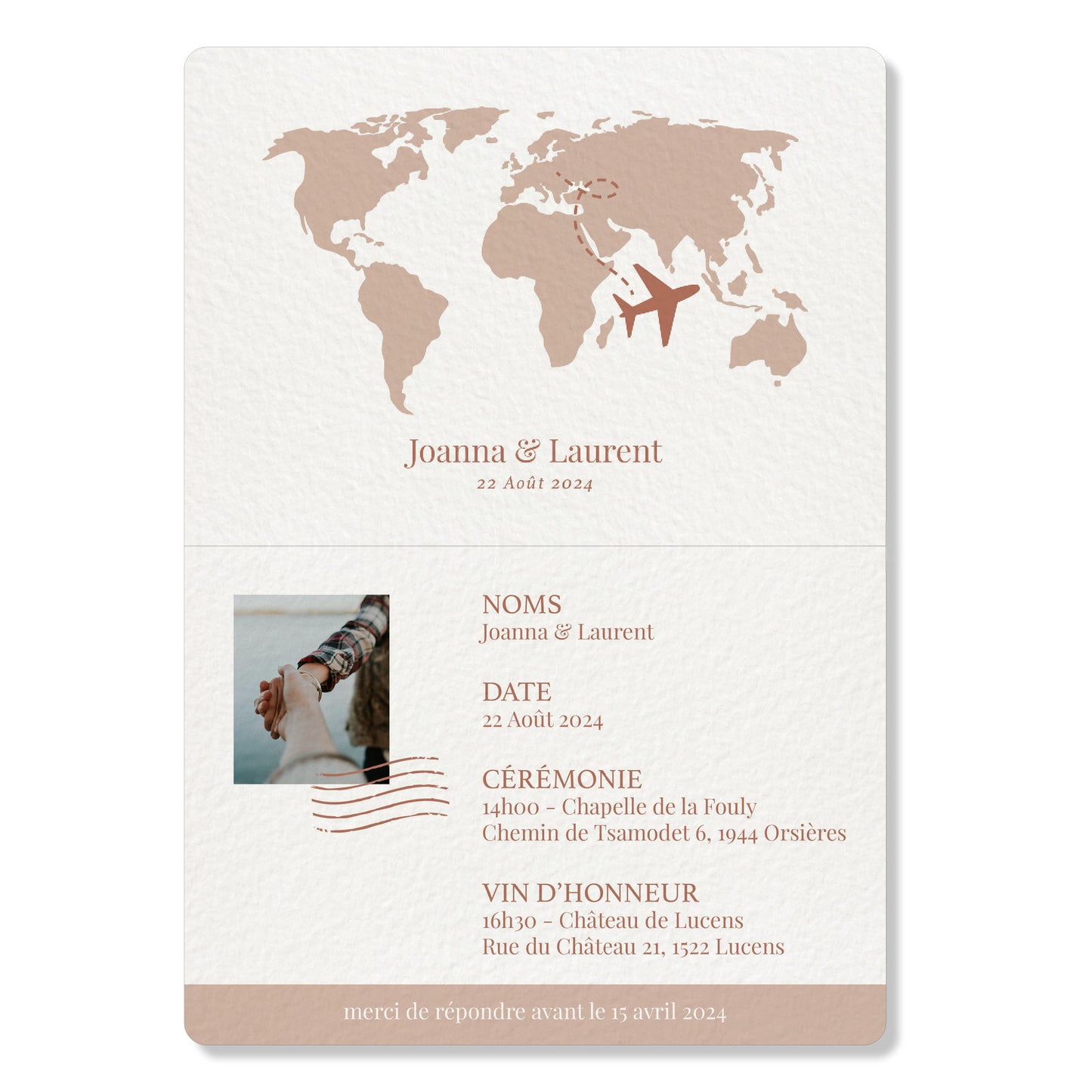 PACK faire-part passport + carton billet d'avion, rose pâle
