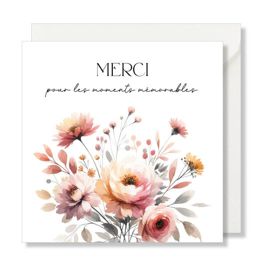 Carte de vœux carrée "merci pour les moments mémorables" aquarelle fleurs