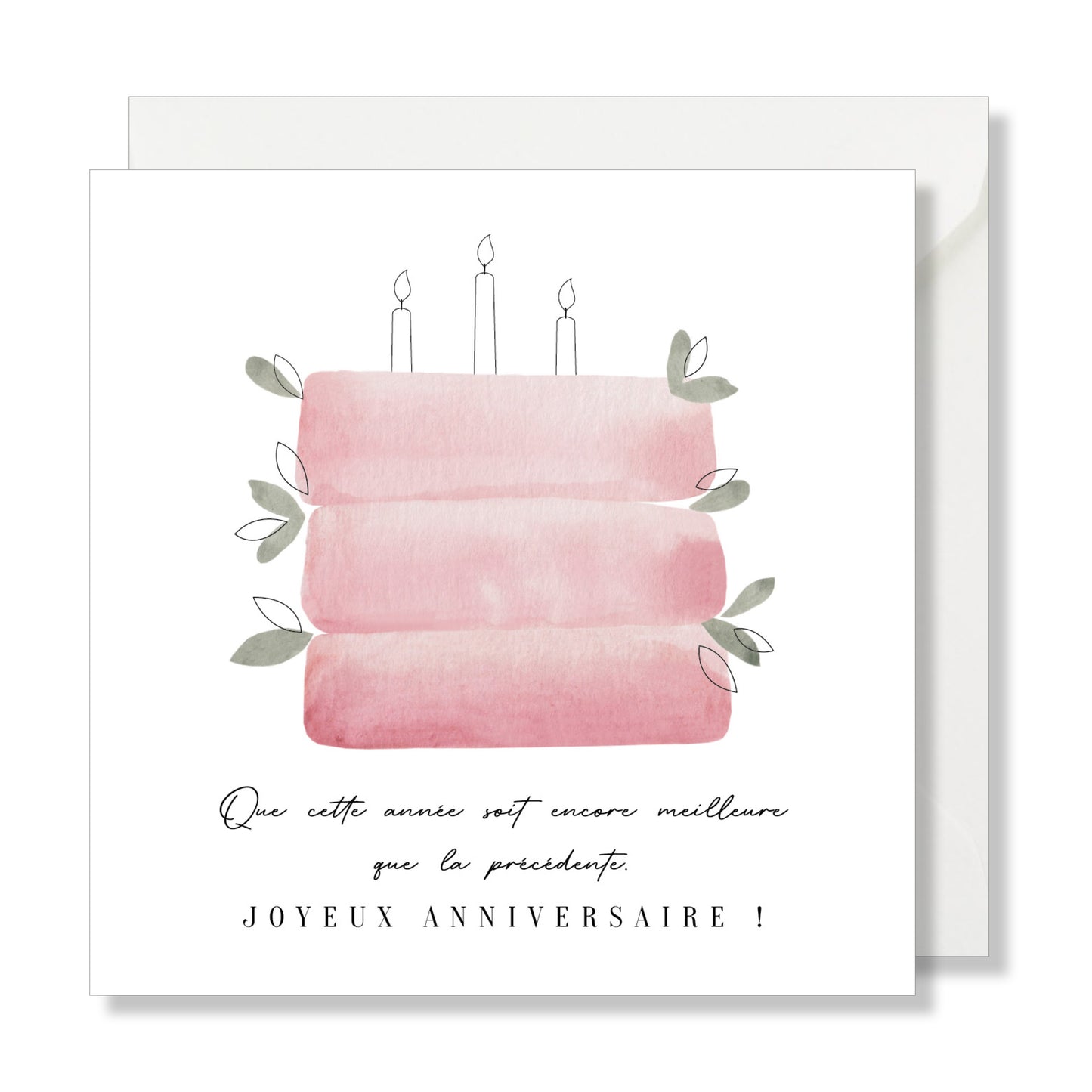 Carte de vœux carrée "joyeux anniversaire" gâteau aquarelle