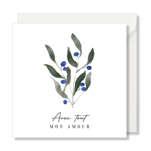 Carte de vœux carrée "avec tout mon amour" bleuet