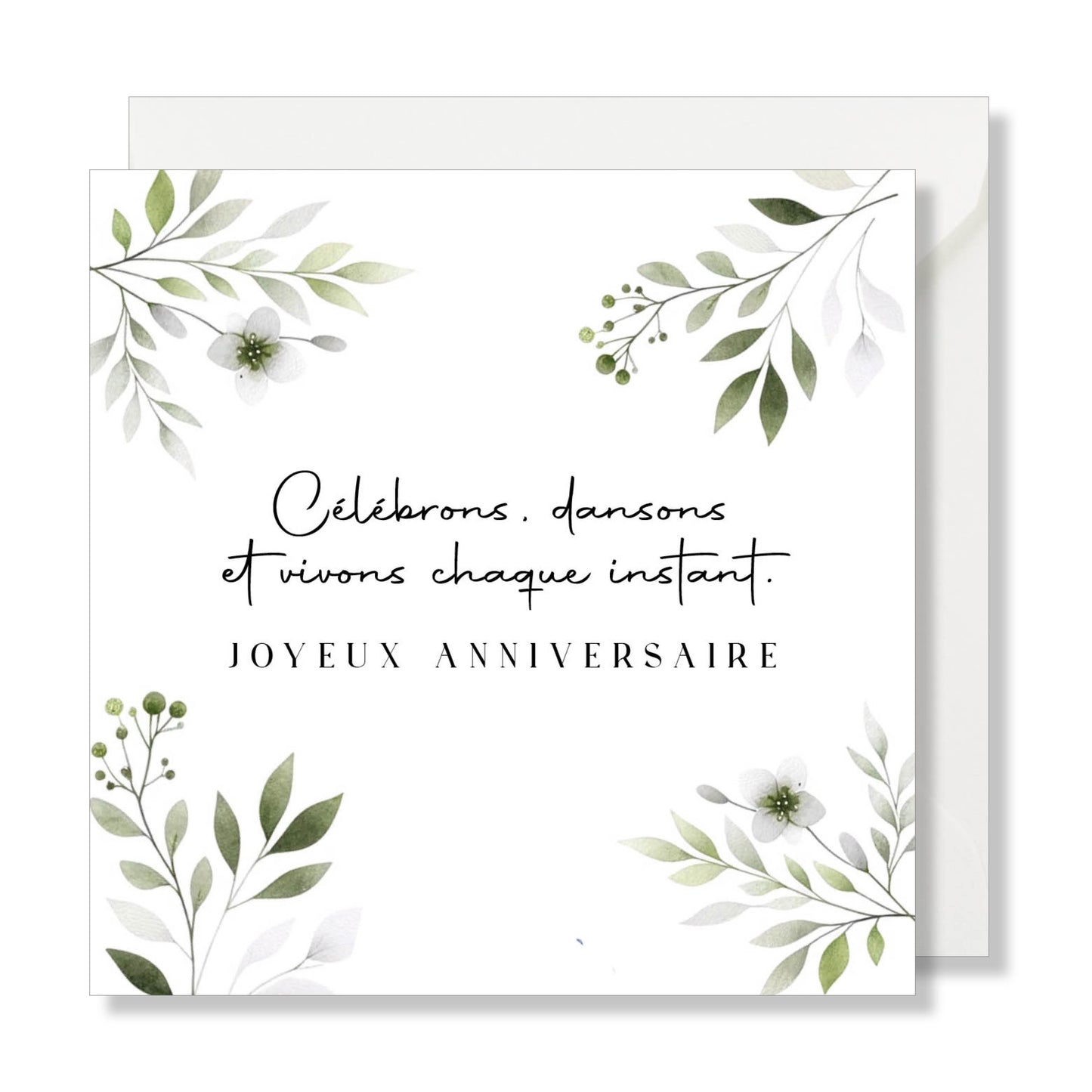 Carte de vœux carrée "joyeux anniversaire" aquarelle fleurs vert