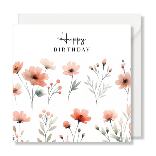 Carte de vœux carrée "happy birthday" aquarelle fleurs
