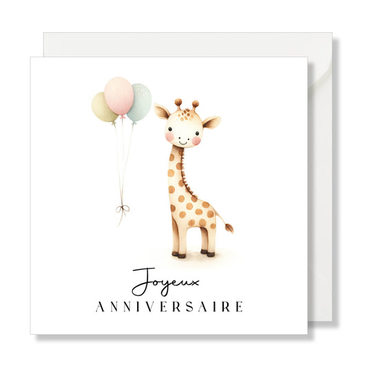Carte de vœux carrée "joyeux anniversaire" girafe aquarelle