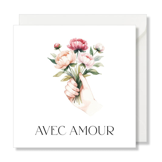 Carte de vœux carrée "avec amour" bouquet fleurs