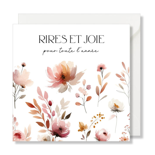 Carte de vœux carrée "rires et joie" aquarelle fleurs