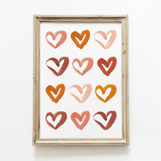 Poster ‘cœurs’ brique, moutarde et rose A4