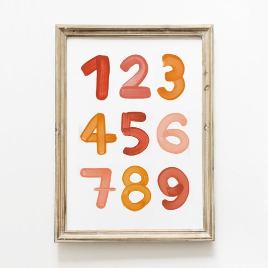 Poster ‘chiffres’ brique, moutarde et rose A4