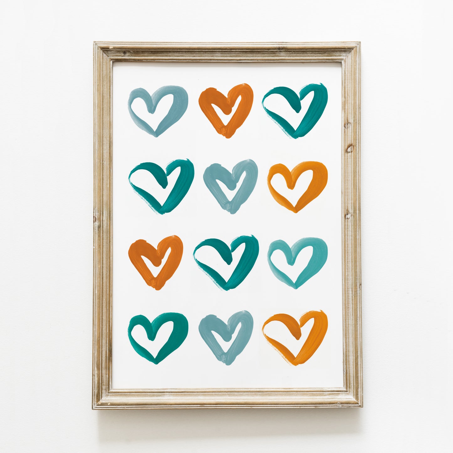 Poster ‘cœurs’ moutarde et bleu canard A4
