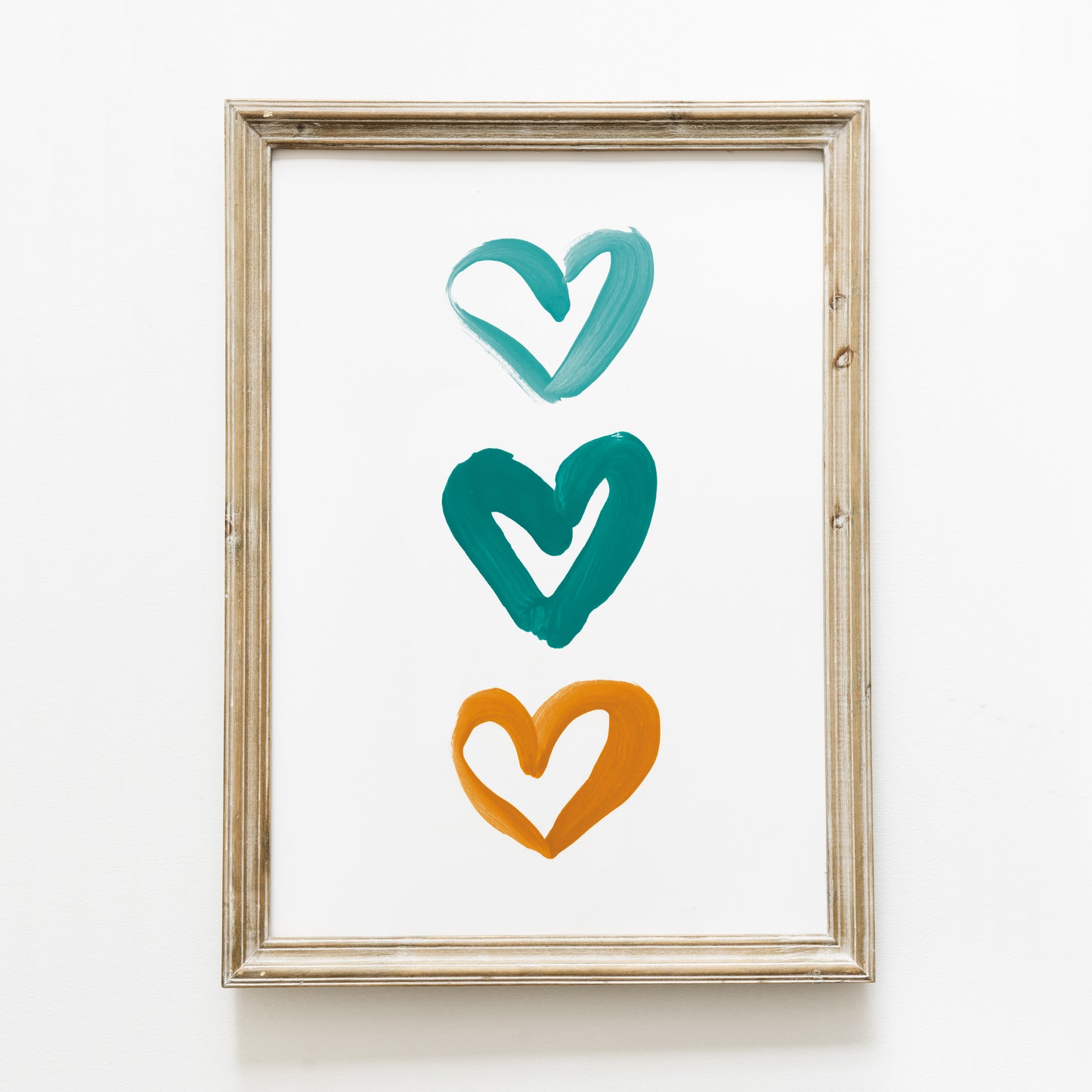 Poster ‘3 cœurs’ moutarde et bleu canard A4