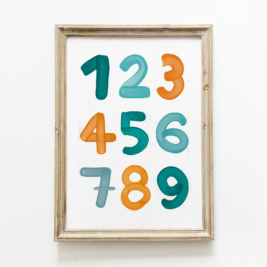 Poster ‘chiffres’ moutarde et bleu canard A4