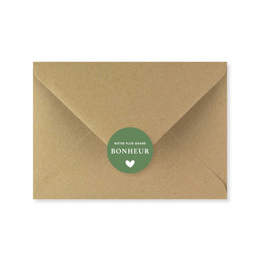 Lot 10 stickers 'notre plus grand bonheur' vert sapin 3 cm