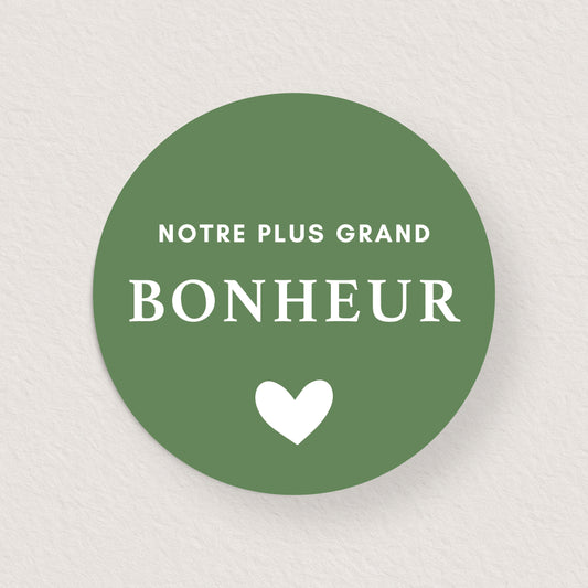 Lot 10 stickers 'notre plus grand bonheur' vert sapin 3 cm
