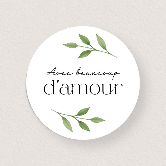 Lot 10 stickers 'avec beaucoup d'amour' branche aquarelle 4 cm
