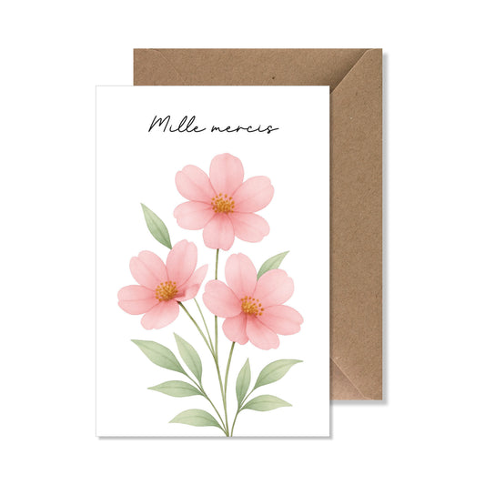 Carte de vœux A6 "mille mercis" fleurs rose