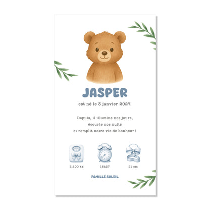 Faire-part de naissance numérique virtuel ours feuilles forêt bleu
