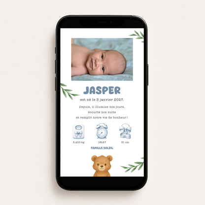 Faire-part de naissance numérique virtuel ours feuilles forêt bleu