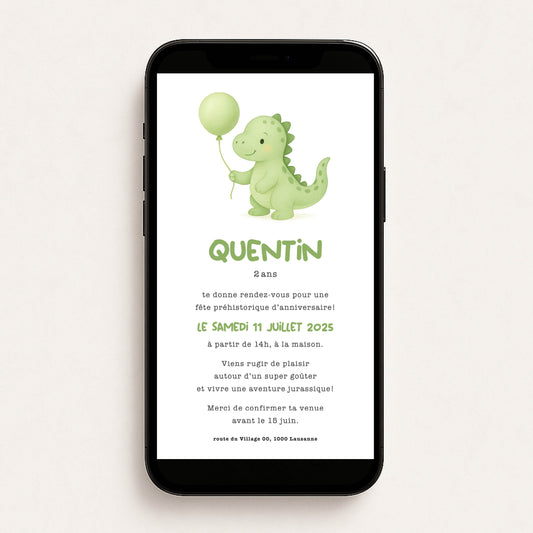 Invitation anniversaire numérique dinosaure ballon vert aquarelle