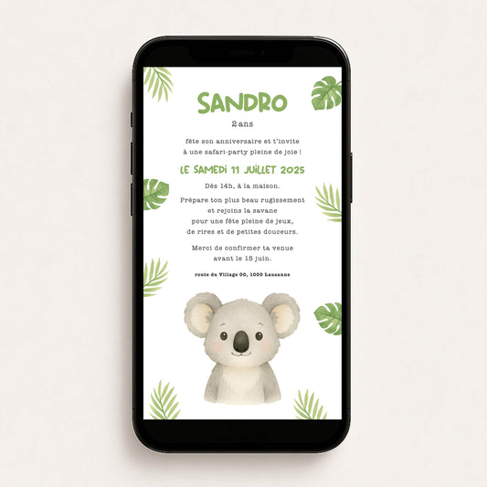 Invitation anniversaire numérique koala tropical feuilles vert aquarelle