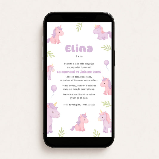 Invitation anniversaire numérique licorne rose / violet fille