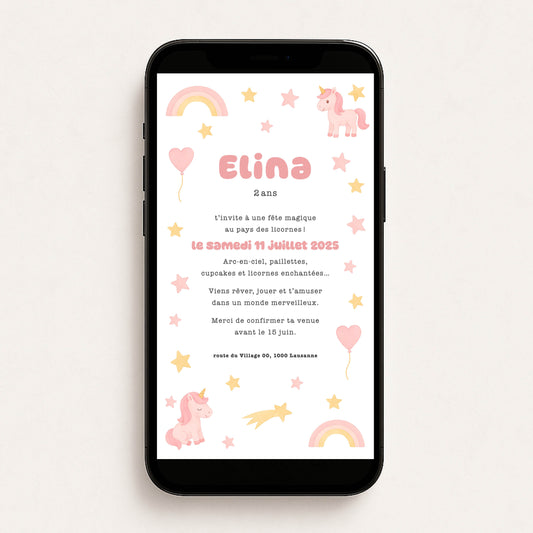Invitation anniversaire numérique fille licorne étoiles rose / jaune