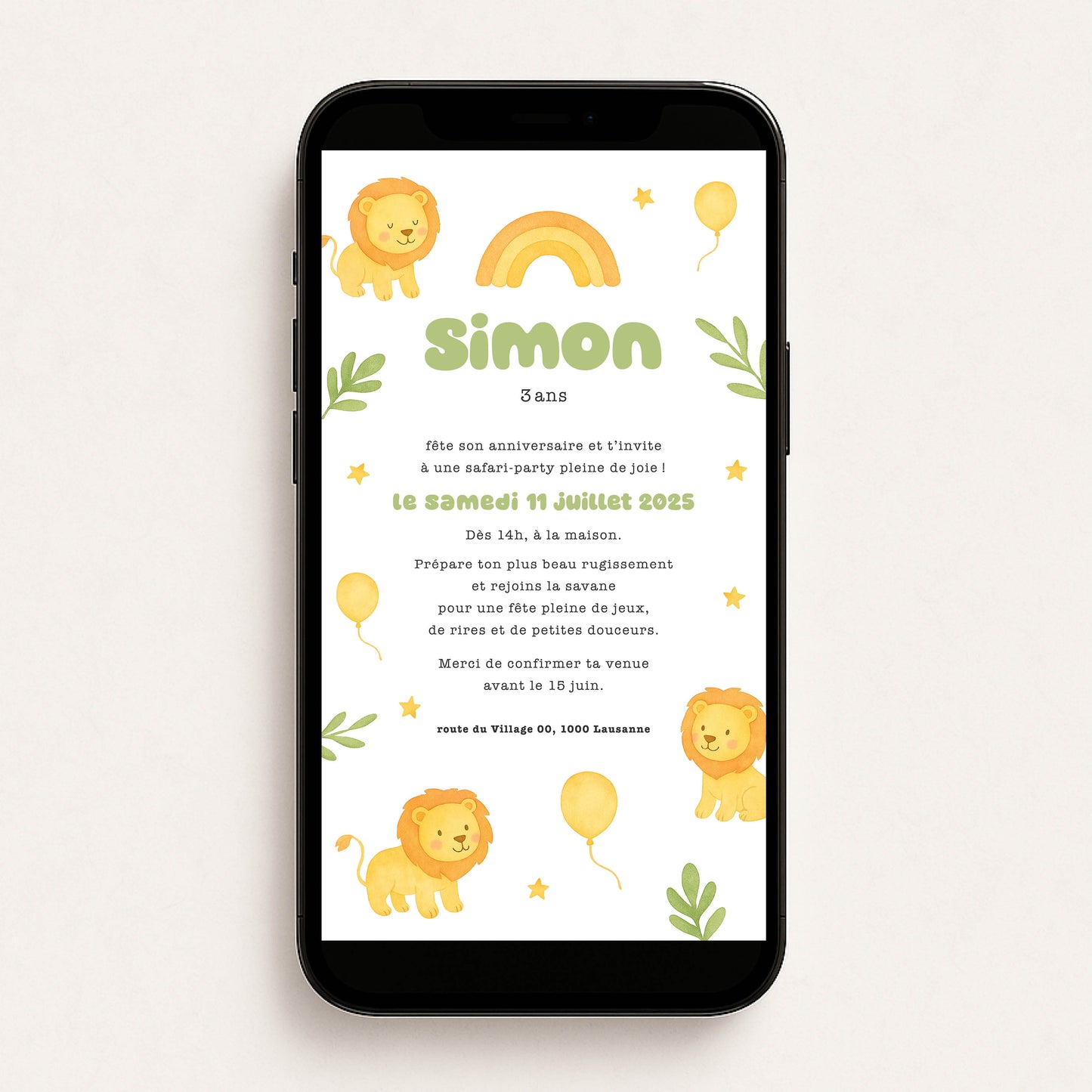 Invitation anniversaire numérique lion tropical jungle