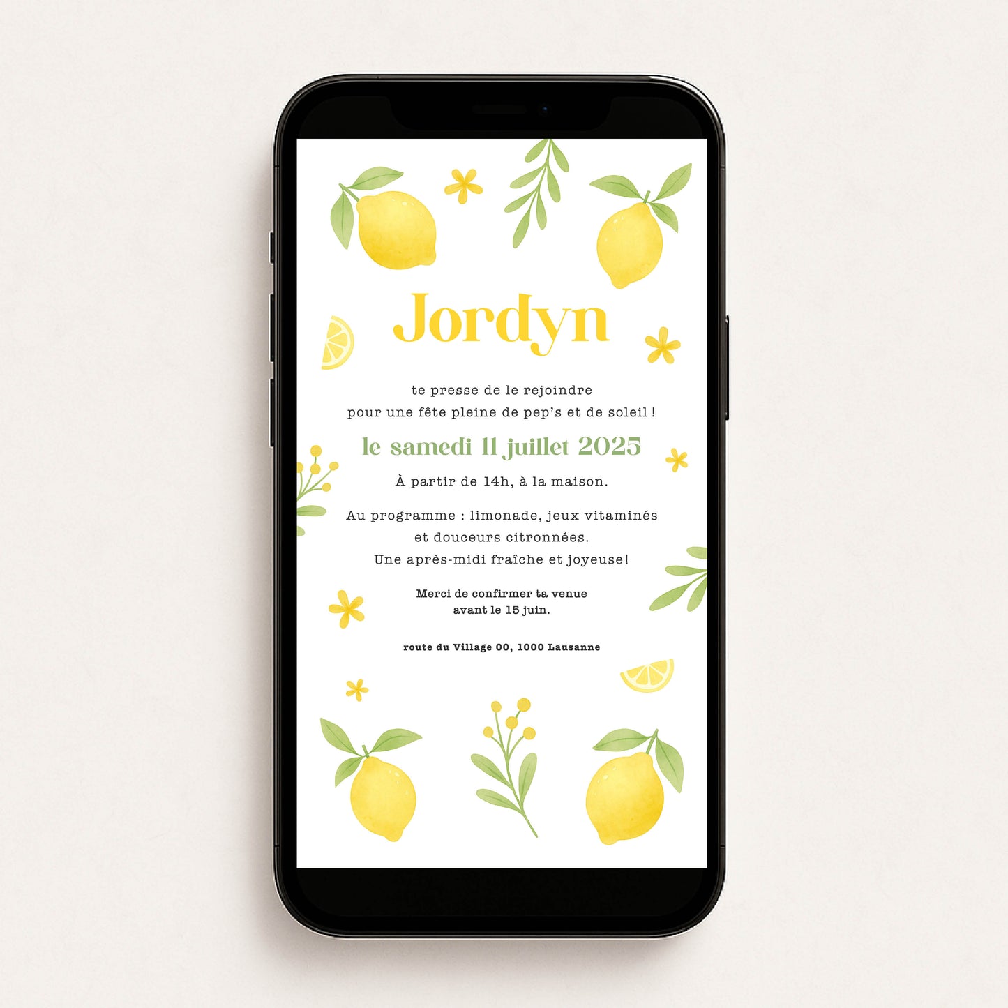 Invitation anniversaire numérique citrons jaune