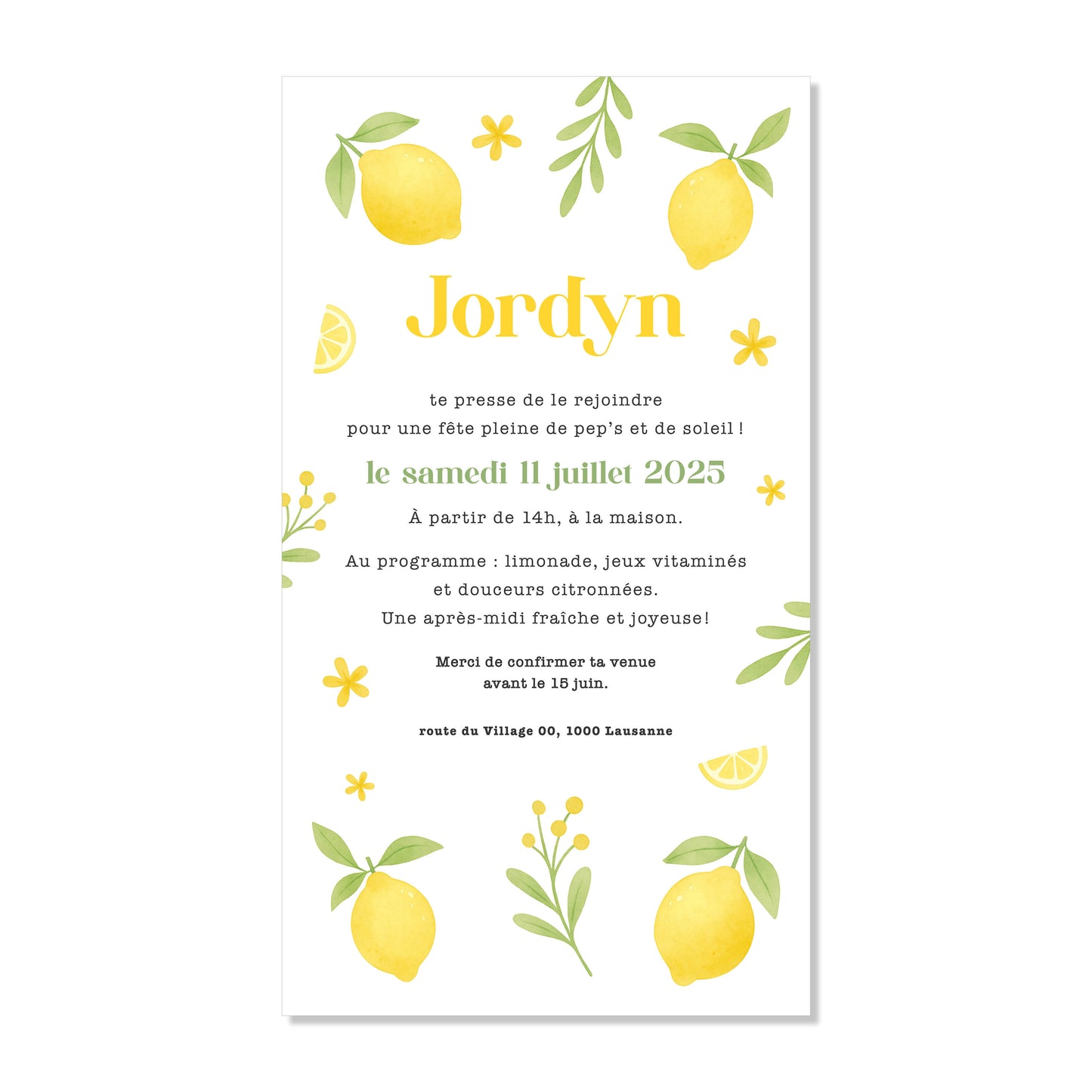 Invitation anniversaire numérique citrons jaune