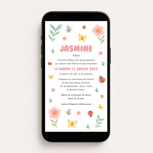 Invitation anniversaire numérique jardin fleuri papillon fleurs coccinelle abeille