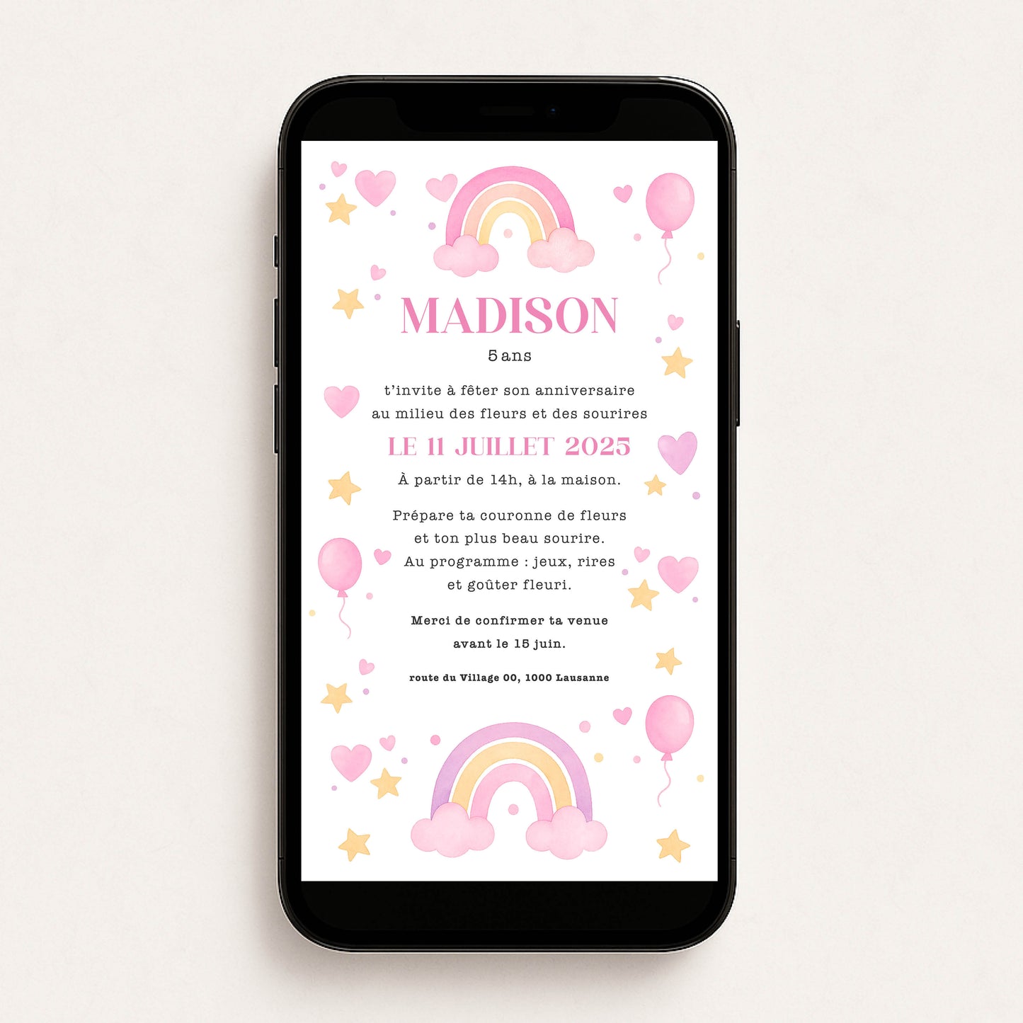 Invitation anniversaire numérique fille arc-en-ciel ballons coeur rose