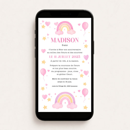 Invitation anniversaire numérique fille arc-en-ciel ballons coeur rose