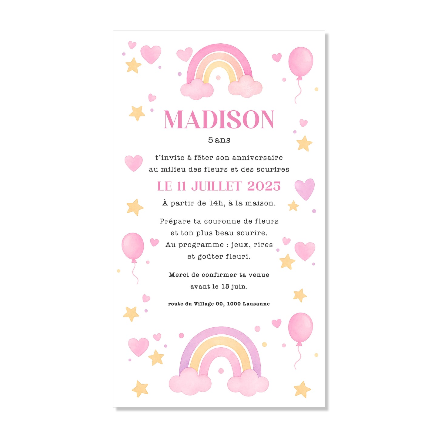 Invitation anniversaire numérique fille arc-en-ciel ballons coeur rose
