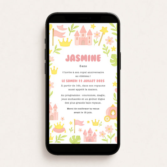 Invitation anniversaire numérique fille princesse château carrosse rose