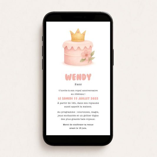 Invitation anniversaire numérique gâteau princesse rose aquarelle