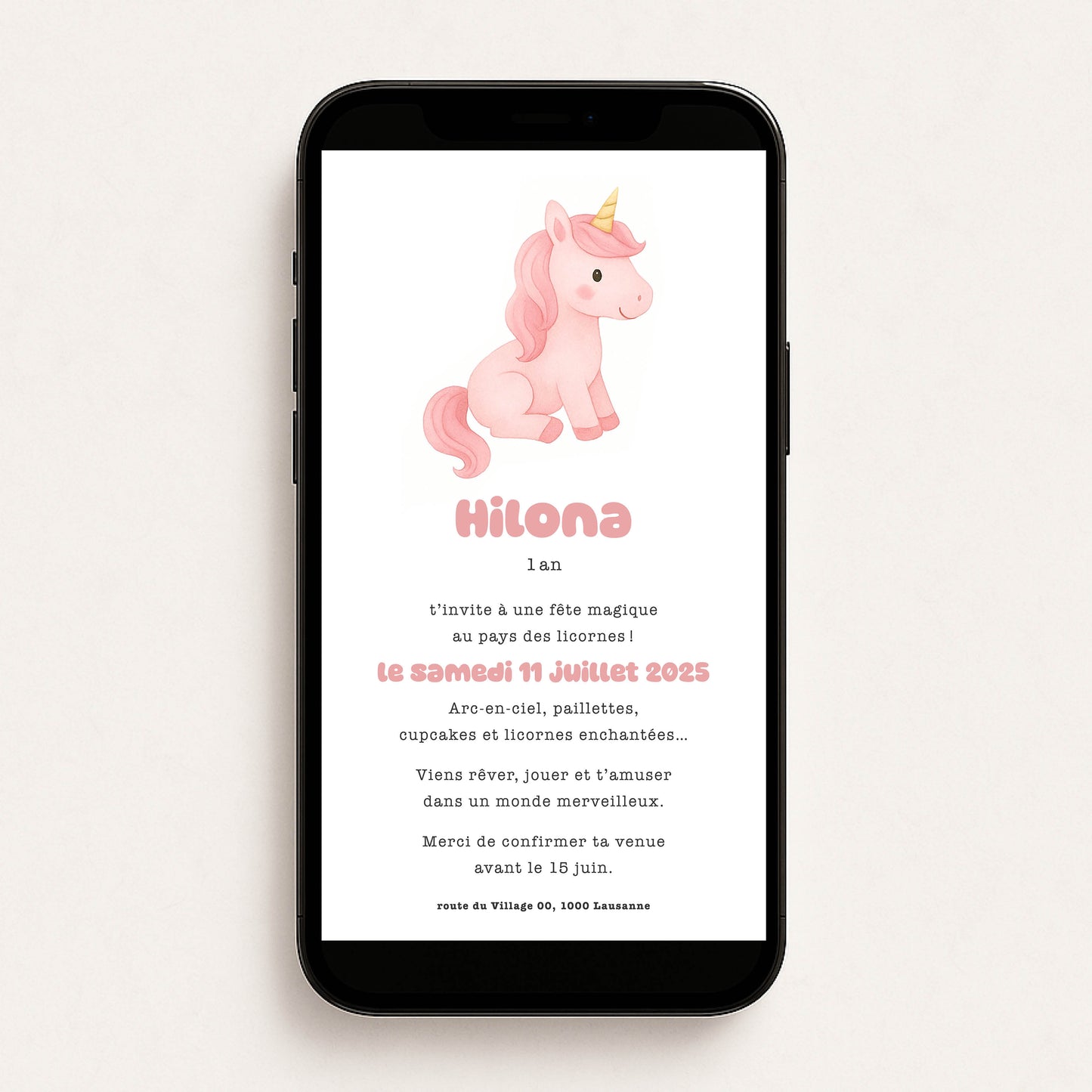 Invitation anniversaire numérique fille rose licorne aquarelle