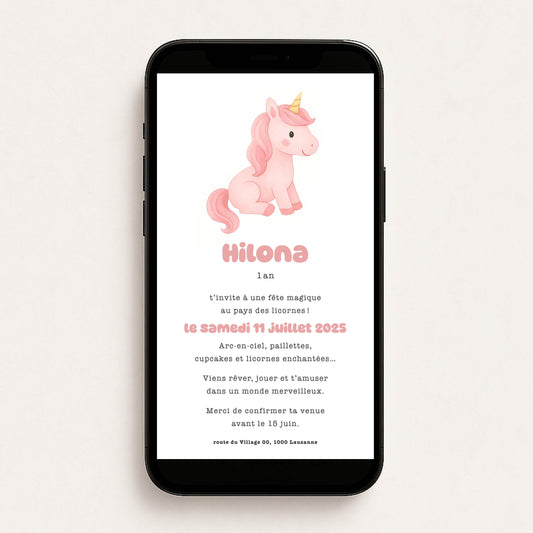 Invitation anniversaire numérique fille rose licorne aquarelle