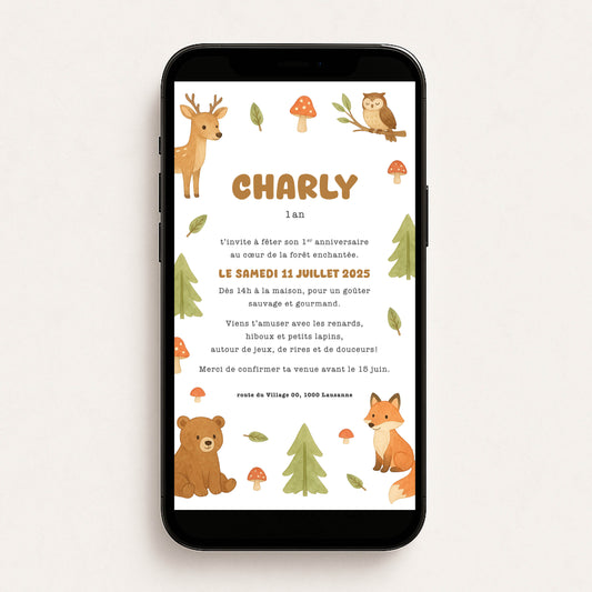 Invitation anniversaire numérique animaux de la forêt brun