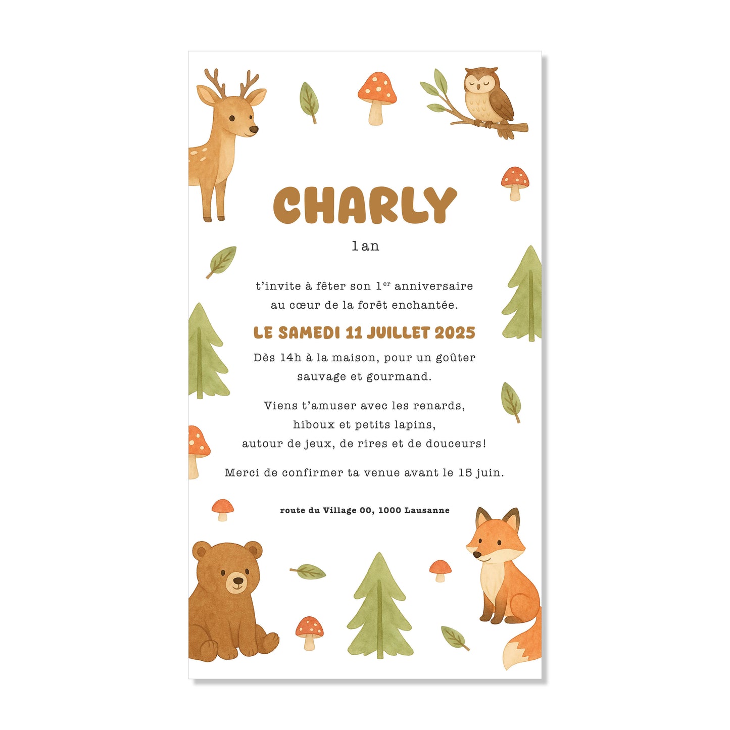 Invitation anniversaire numérique animaux de la forêt brun