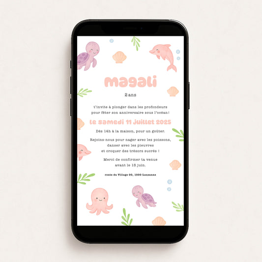 Invitation anniversaire numérique océan animaux de la mer rose / violet