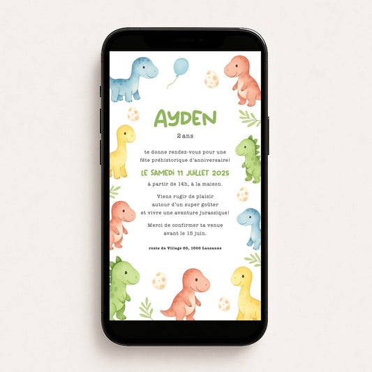 Invitation anniversaire numérique dinosaure mix couleurs