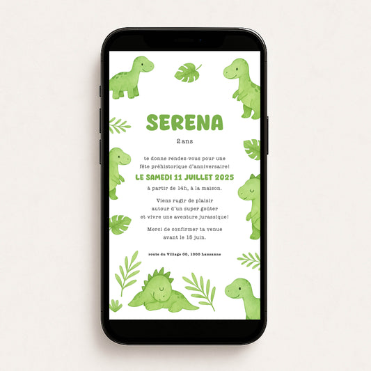 Invitation anniversaire numérique dinosaure vert