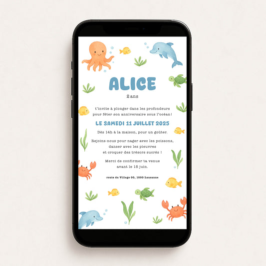 Invitation anniversaire numérique océan animaux de la mer